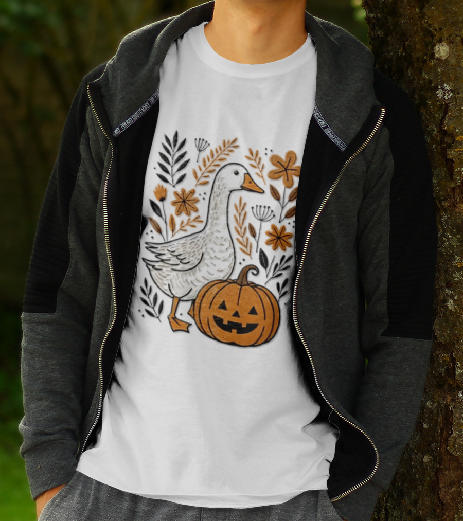 Goose With Jack O' Lantern Pumpkin Autumn Leaves And Flowers T-Shirt