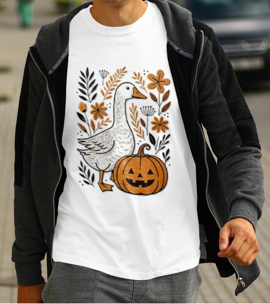 Goose With Jack O' Lantern Pumpkin Autumn Leaves And Flowers T-Shirt