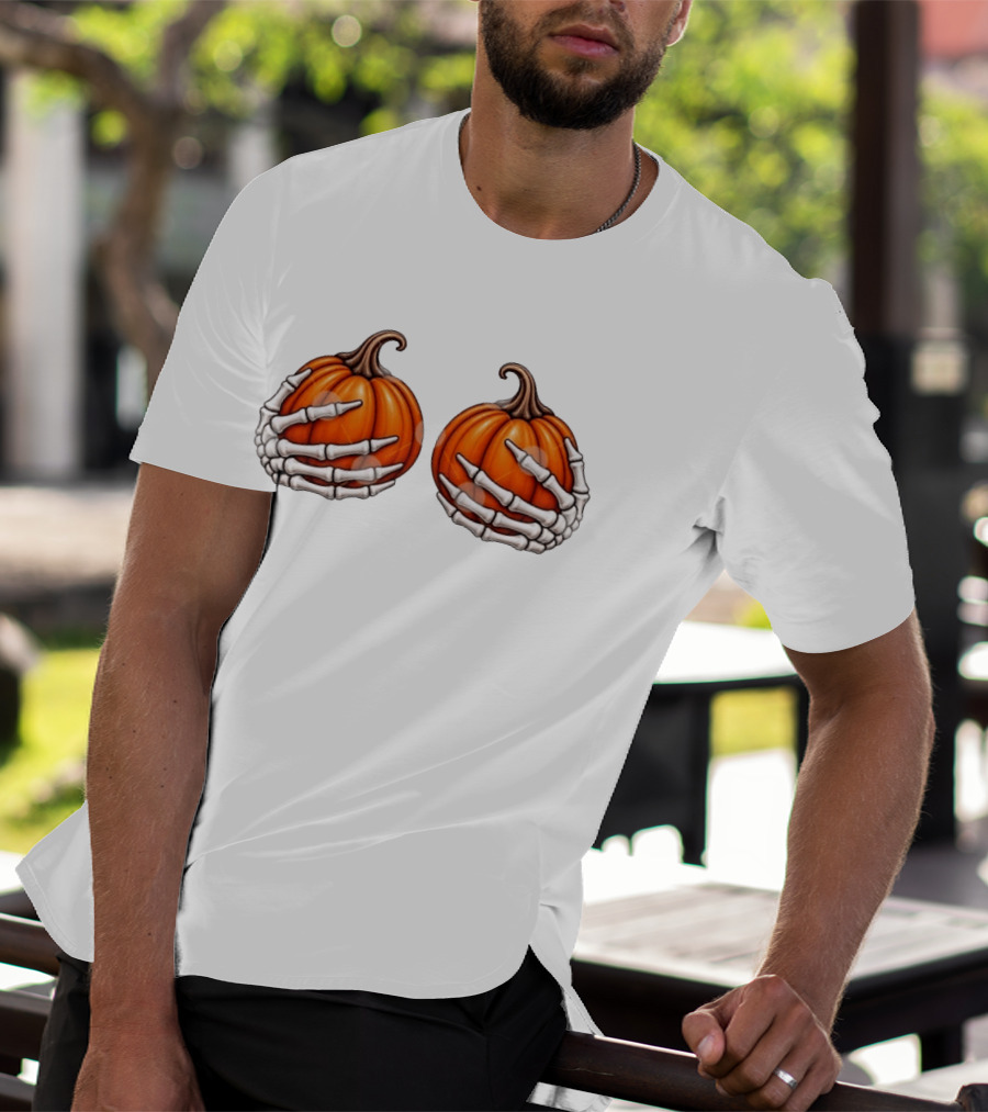 Skeleton Hands Holding Pumpkins Halloween Scary Realistic T-Shirt