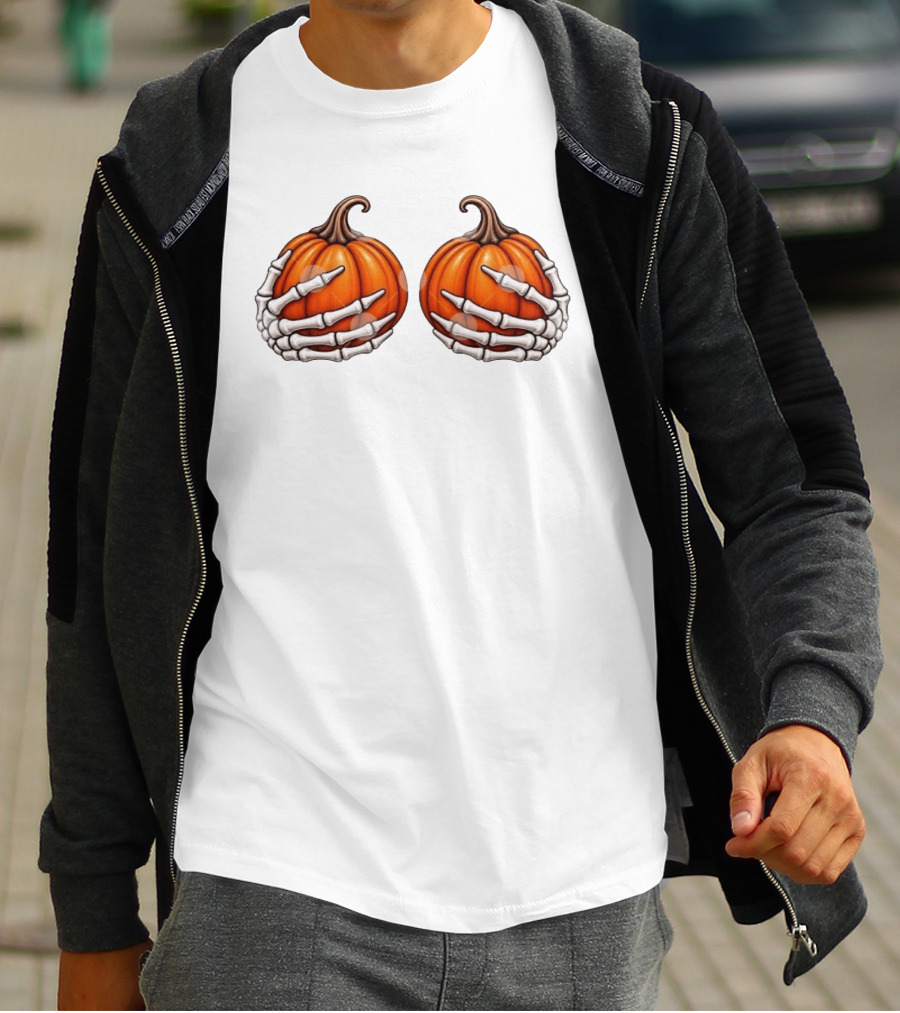Skeleton Hands Holding Pumpkins Halloween Scary Realistic T-Shirt