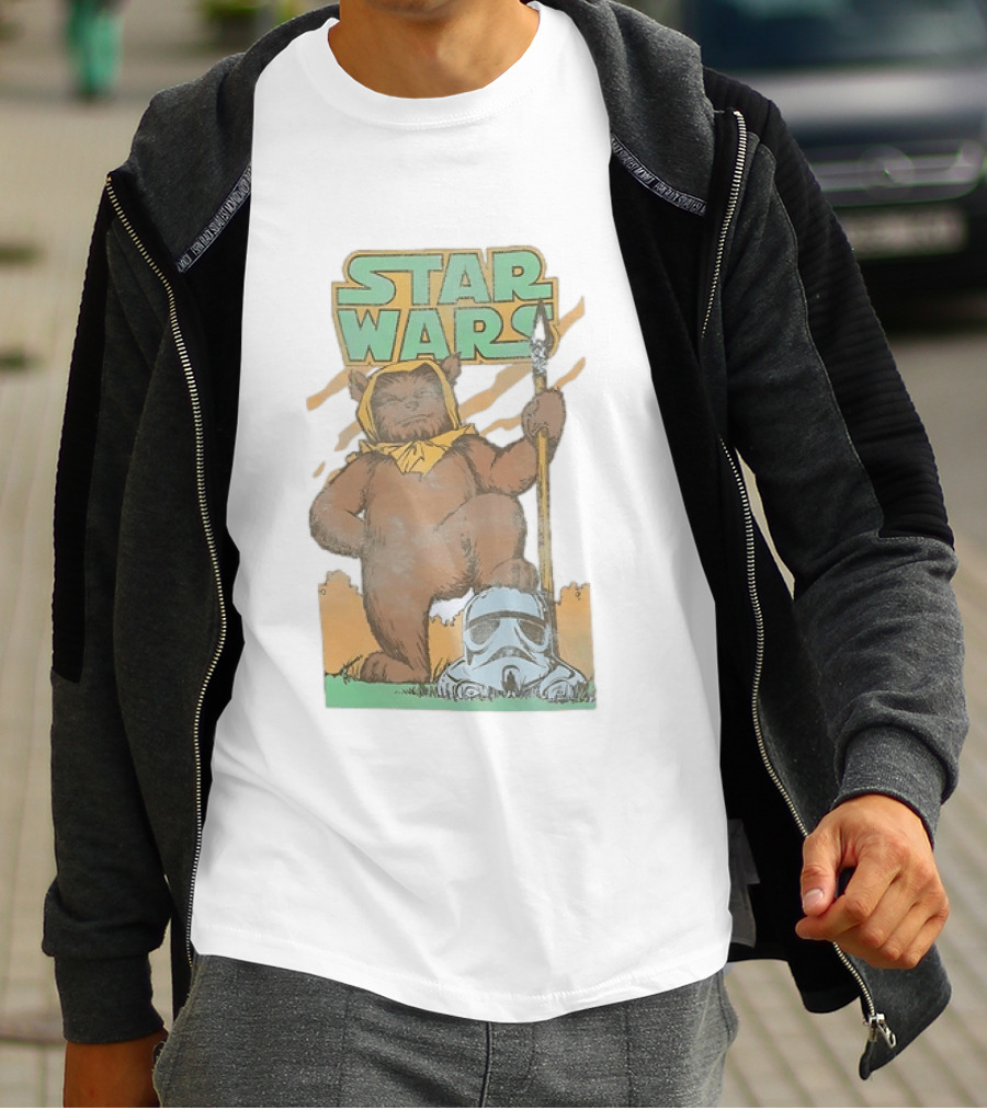 Star Wars Ewok Holding Spear With Stormtrooper Helmet T-Shirt