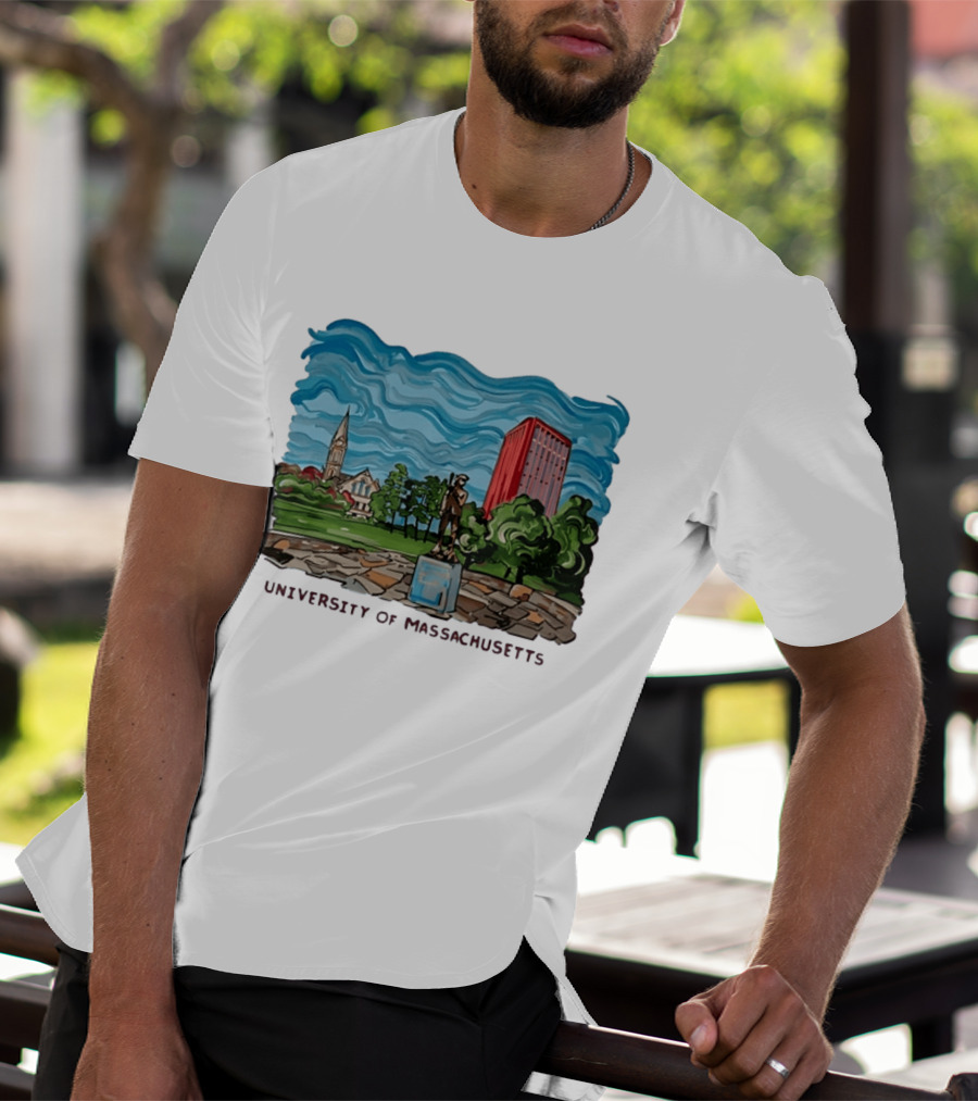 University Of Massachusetts Landmark Campus Scene Tower And Trees T-Shirt