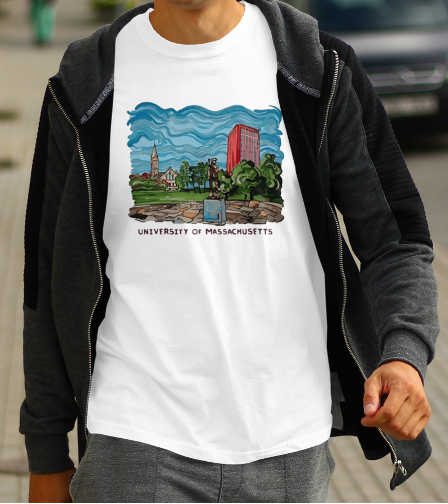 University Of Massachusetts Landmark Campus Scene Tower And Trees T-Shirt