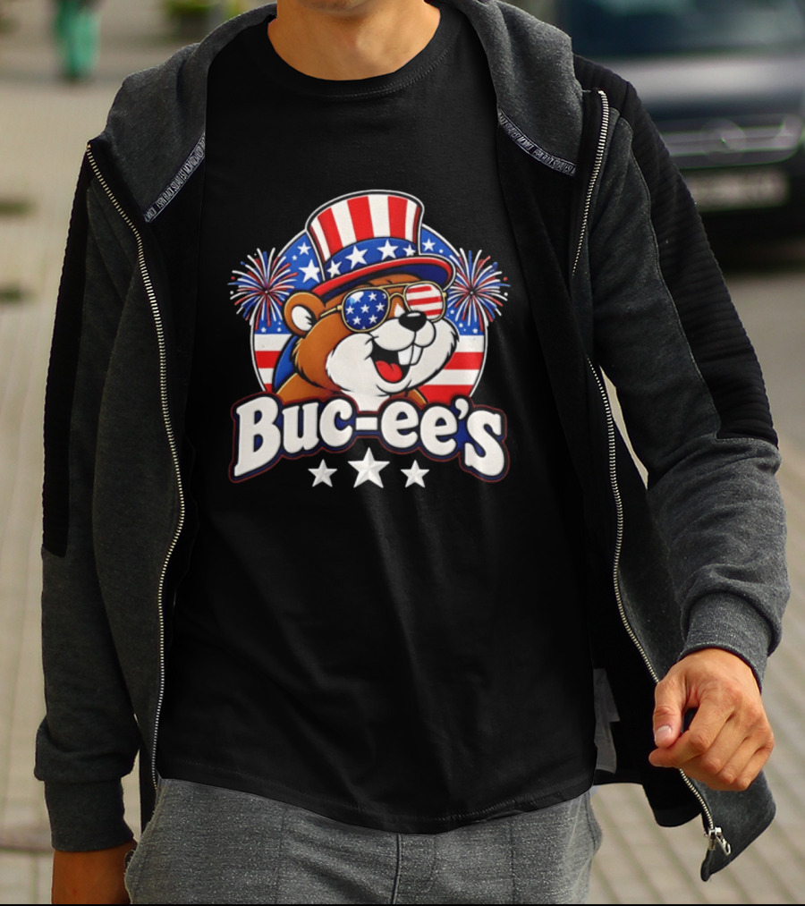 Buc Ee's Patriotic Beaver Fireworks Hat And Sunglasses Celebration T-Shirt