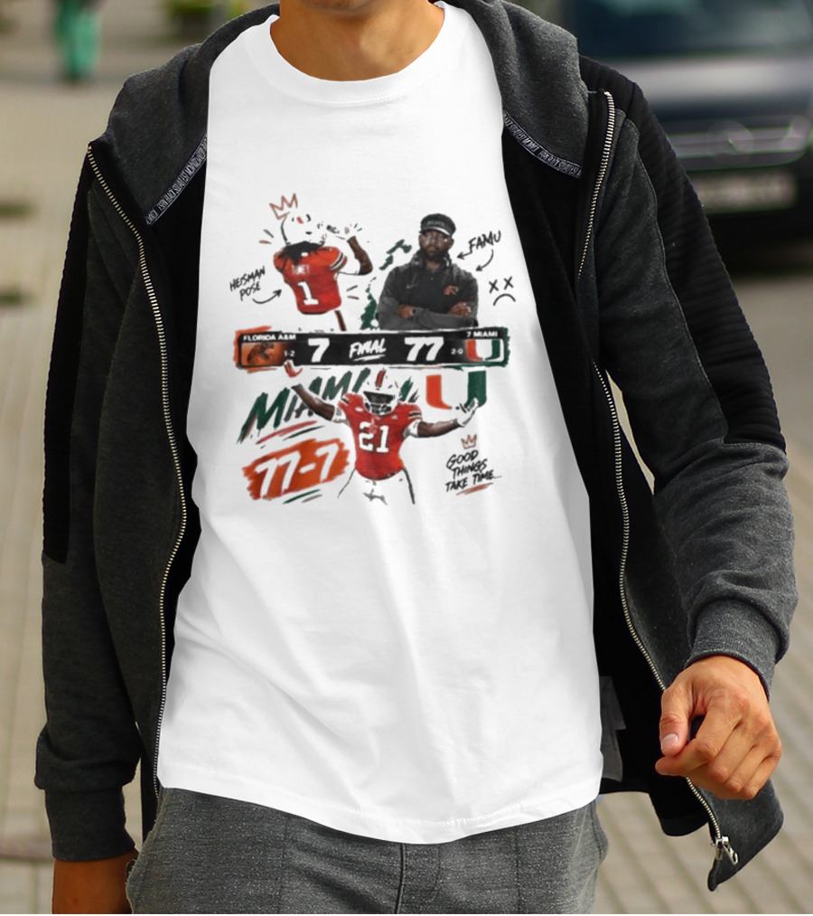 Miami 77 Final Florida A&M 7 College Football Game Highlights T-Shirt