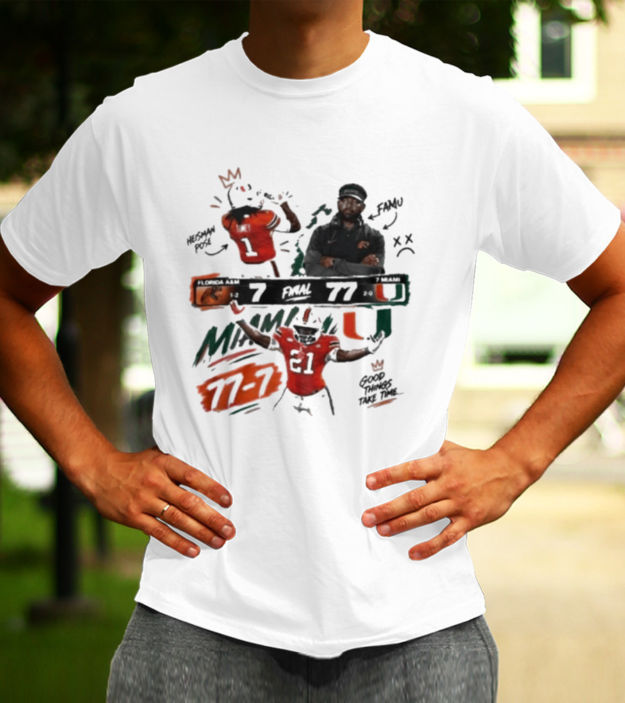 Miami 77 Final Florida A&M 7 College Football Game Highlights T-Shirt