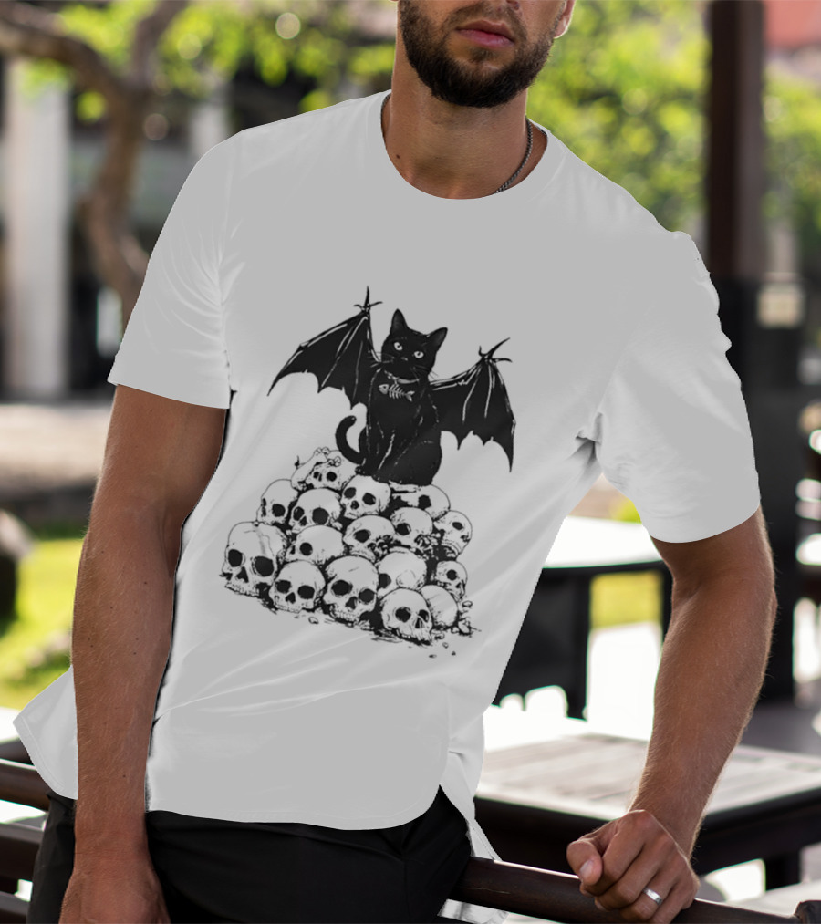 Black Bat Cat Sitting On Human Skulls T-Shirt