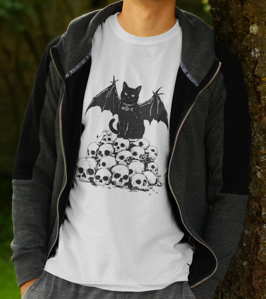 Black Bat Cat Sitting On Human Skulls T-Shirt