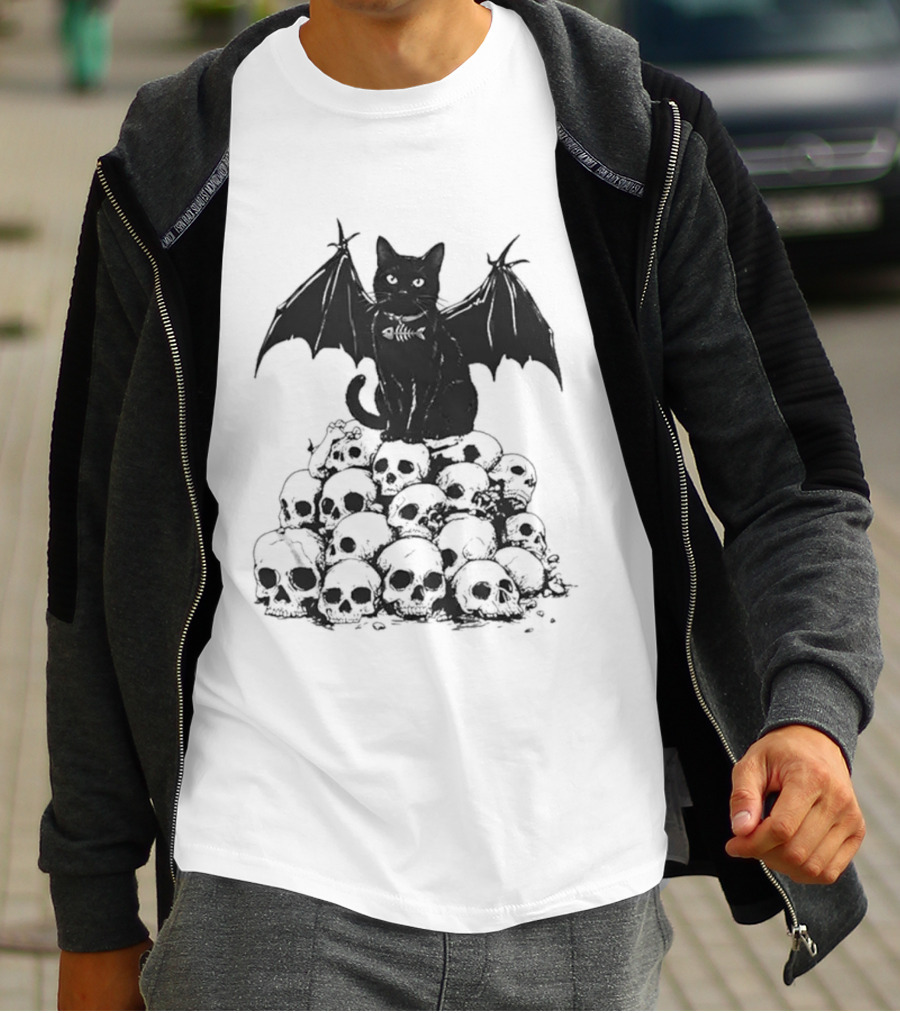 Black Bat Cat Sitting On Human Skulls T-Shirt