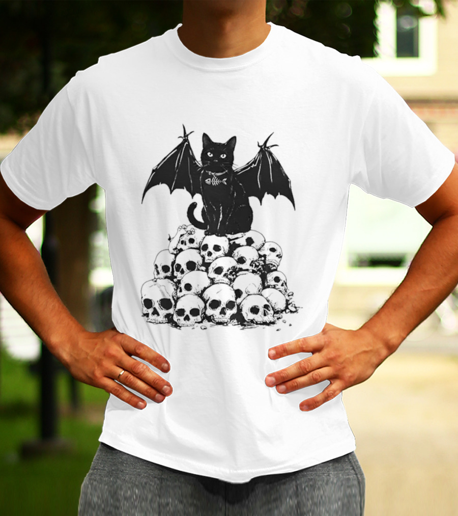 Black Bat Cat Sitting On Human Skulls T-Shirt