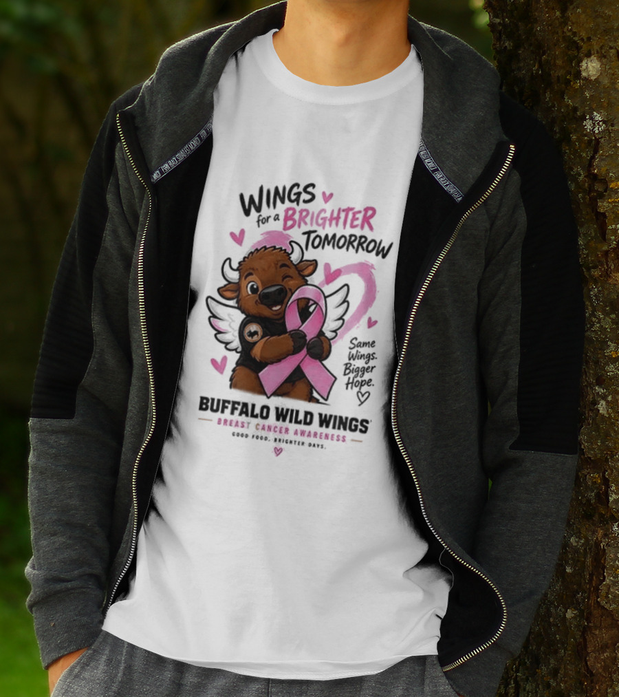 Wings For A Brighter Tomorrow Buffalo Wild Wings Breast Cancer Awareness Pink Ribbon Hearts T-Shirt