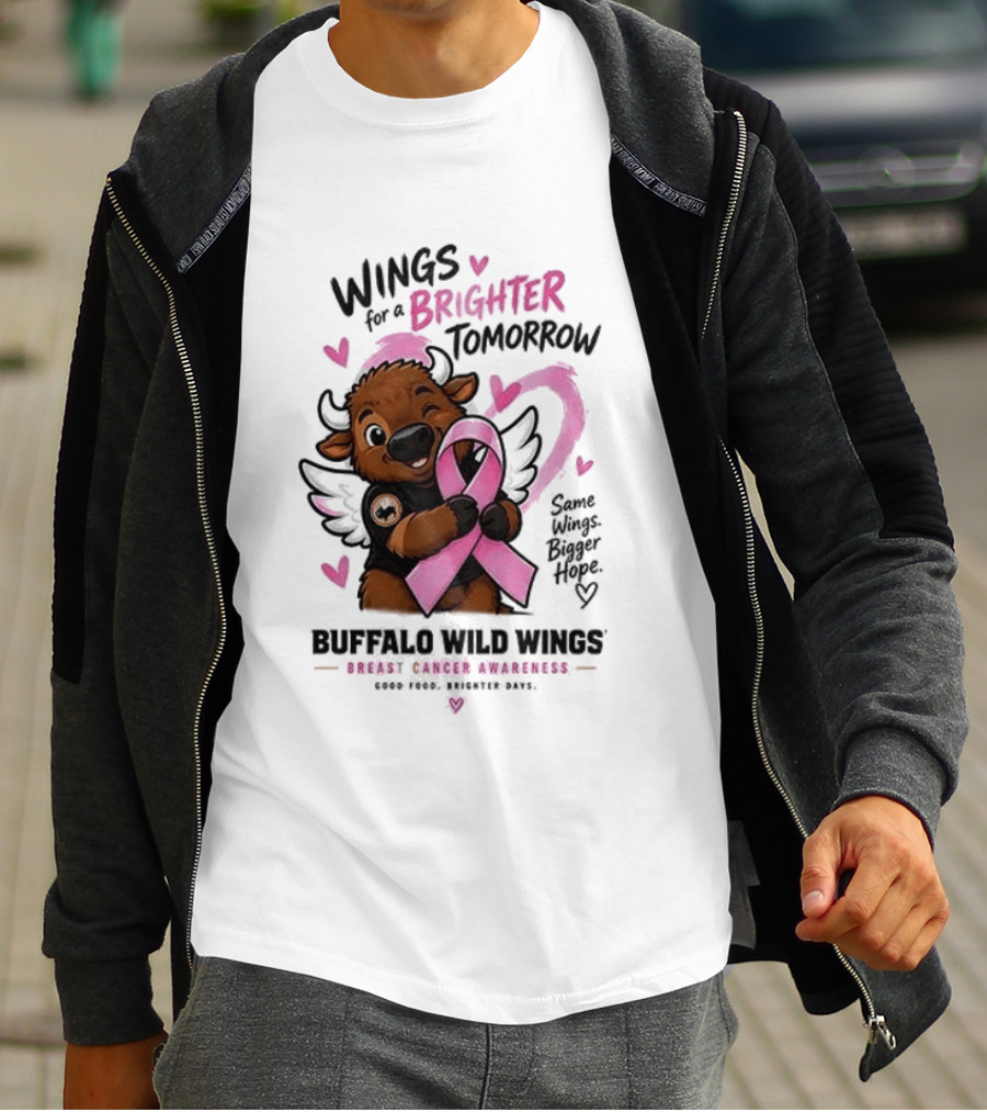 Wings For A Brighter Tomorrow Buffalo Wild Wings Breast Cancer Awareness Pink Ribbon Hearts T-Shirt
