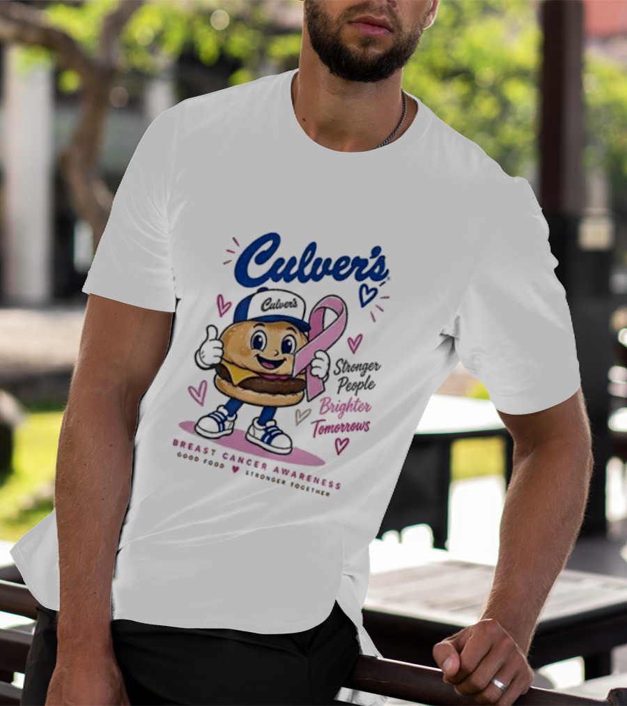 Culver's Breast Cancer Awareness Stronger People Brighter Tomorrows Burger Character With Pink Ribbon T-Shirt