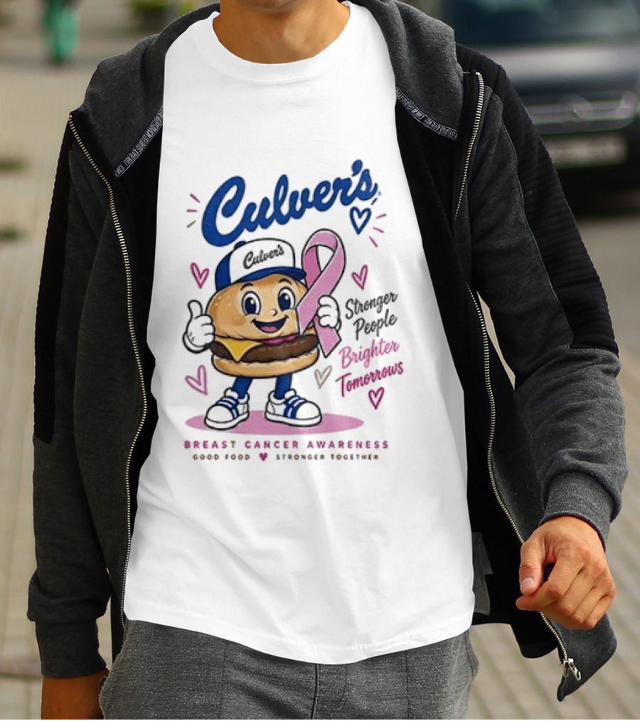 Culver's Breast Cancer Awareness Stronger People Brighter Tomorrows Burger Character With Pink Ribbon T-Shirt