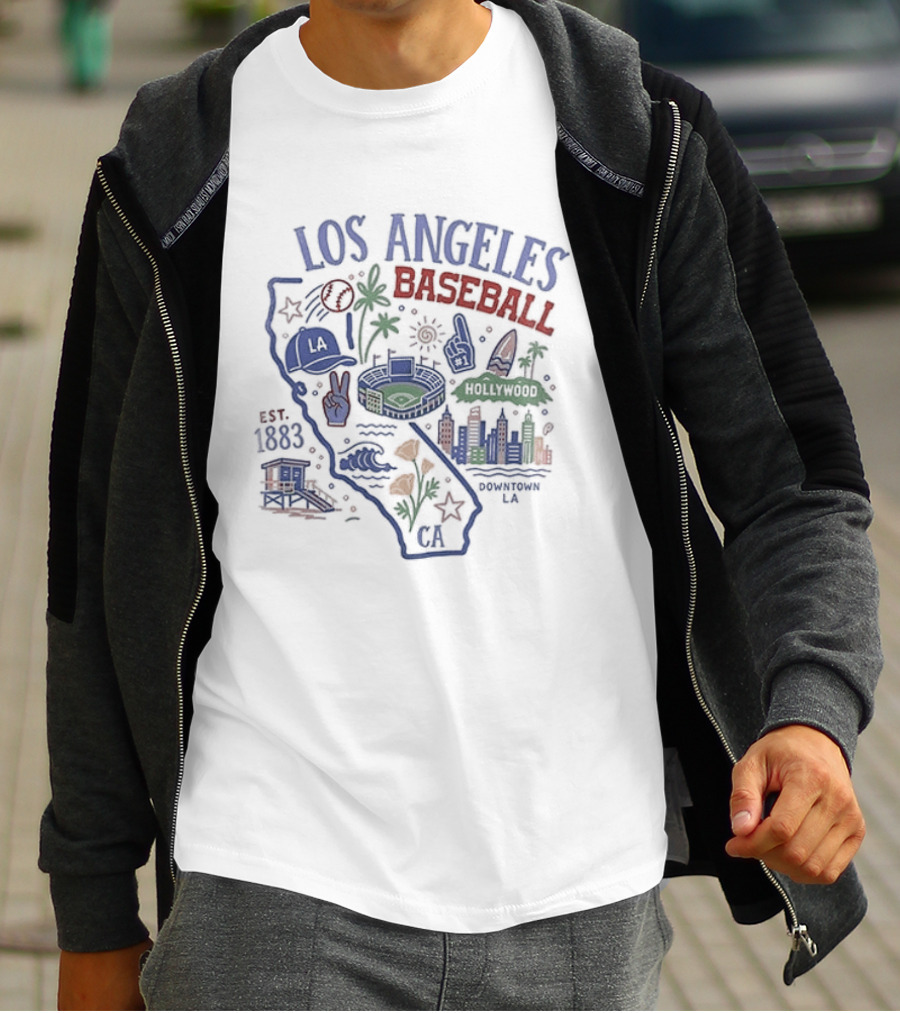 Los Angeles Baseball Est 1883 California Map Stadium And Poppy Flowers T-Shirt
