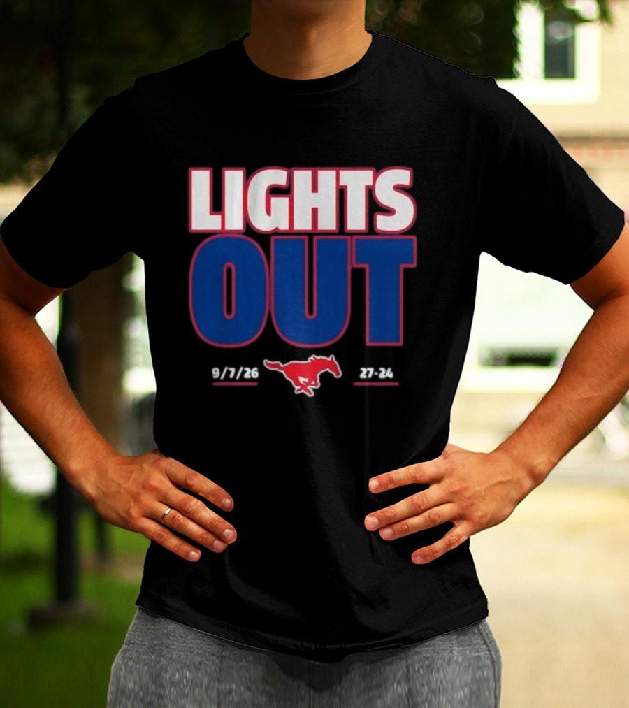 SMU Mustangs Football Lights Out 9 7 26 27 24 T-Shirt