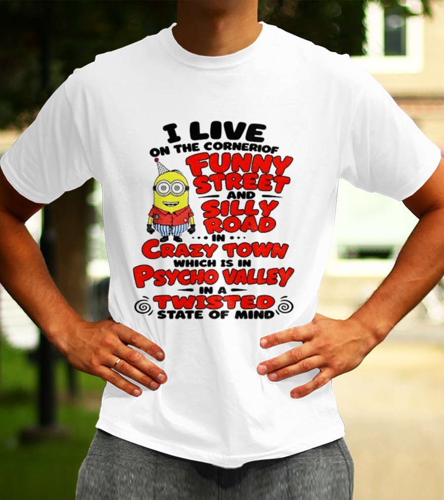 I Live On Funny Street Silly Road Crazy Town Psycho Valley Twisted State Of Mind T-Shirt