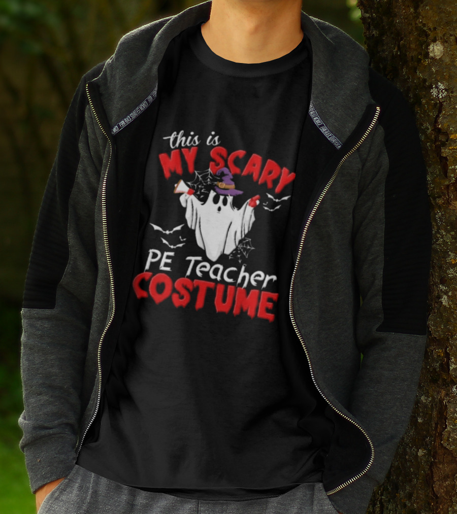 Scary PE Teacher Costume Ghost Witch Hat Whistle Megaphone Halloween T-Shirt