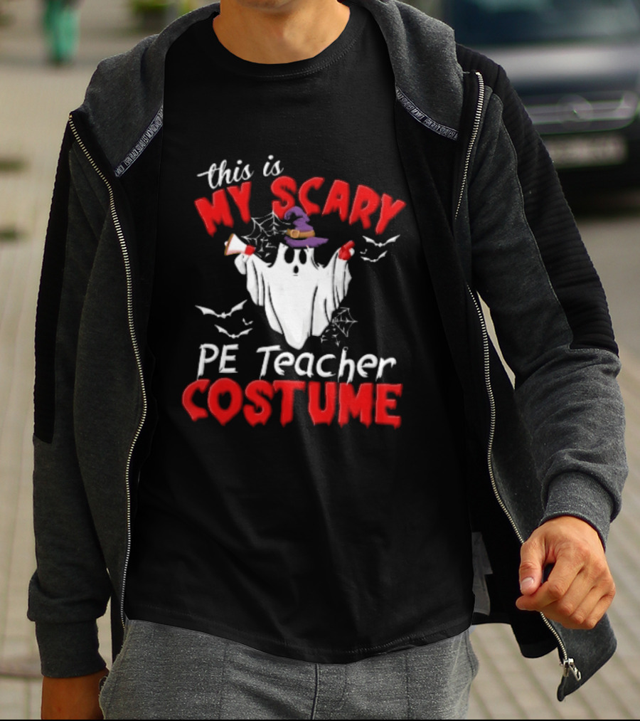 Scary PE Teacher Costume Ghost Witch Hat Whistle Megaphone Halloween T-Shirt
