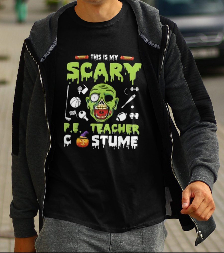 This Is My Scary PE Teacher Costume Zombie Head Sports Equipment Pumpkin T-Shirt