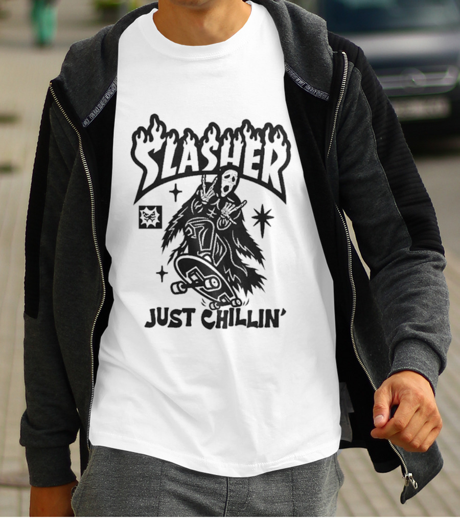 Slasher Just Chillin' Ghostface Skateboard Scream Horror T-Shirt