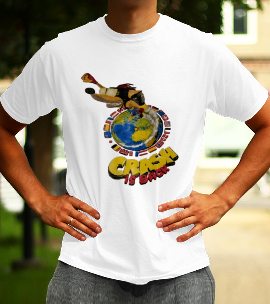 Crash Is Back Jetpack Adventure World Flags Globe Cartoon T-Shirt