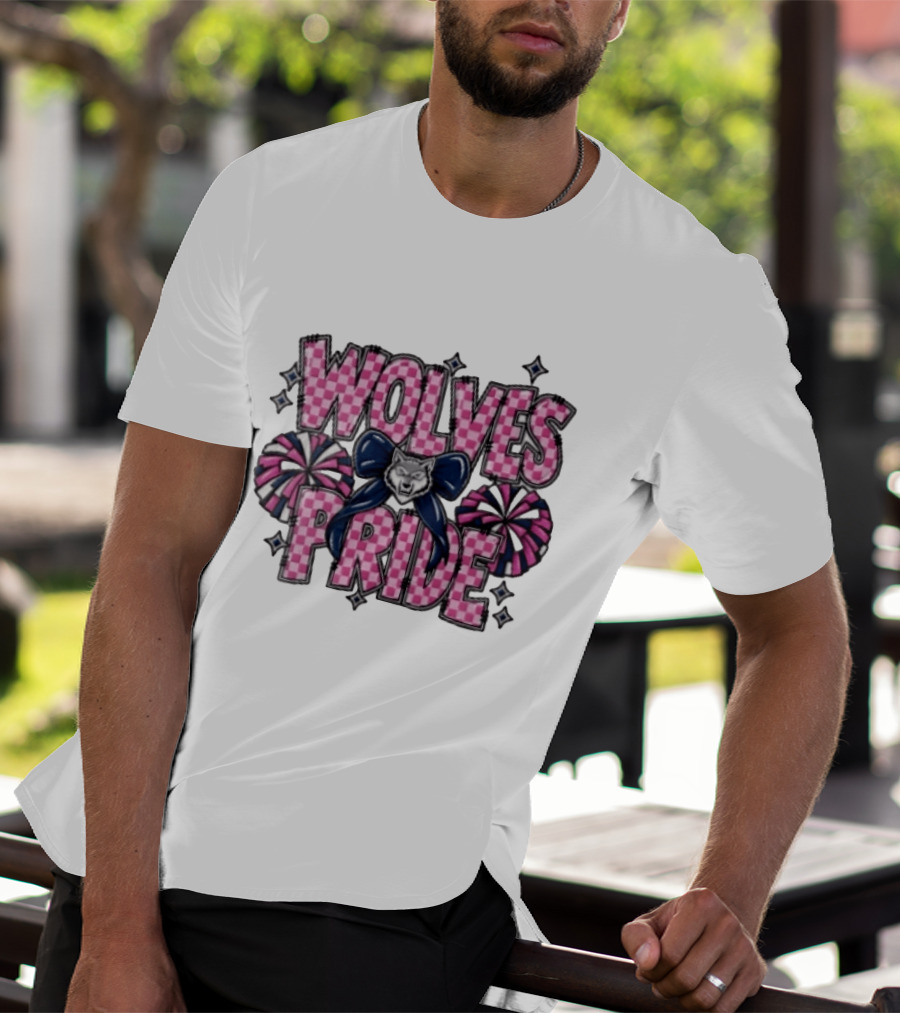 Wolves Pride Pink Checkered Cheerleading Pompoms And Wolf Bow T-Shirt