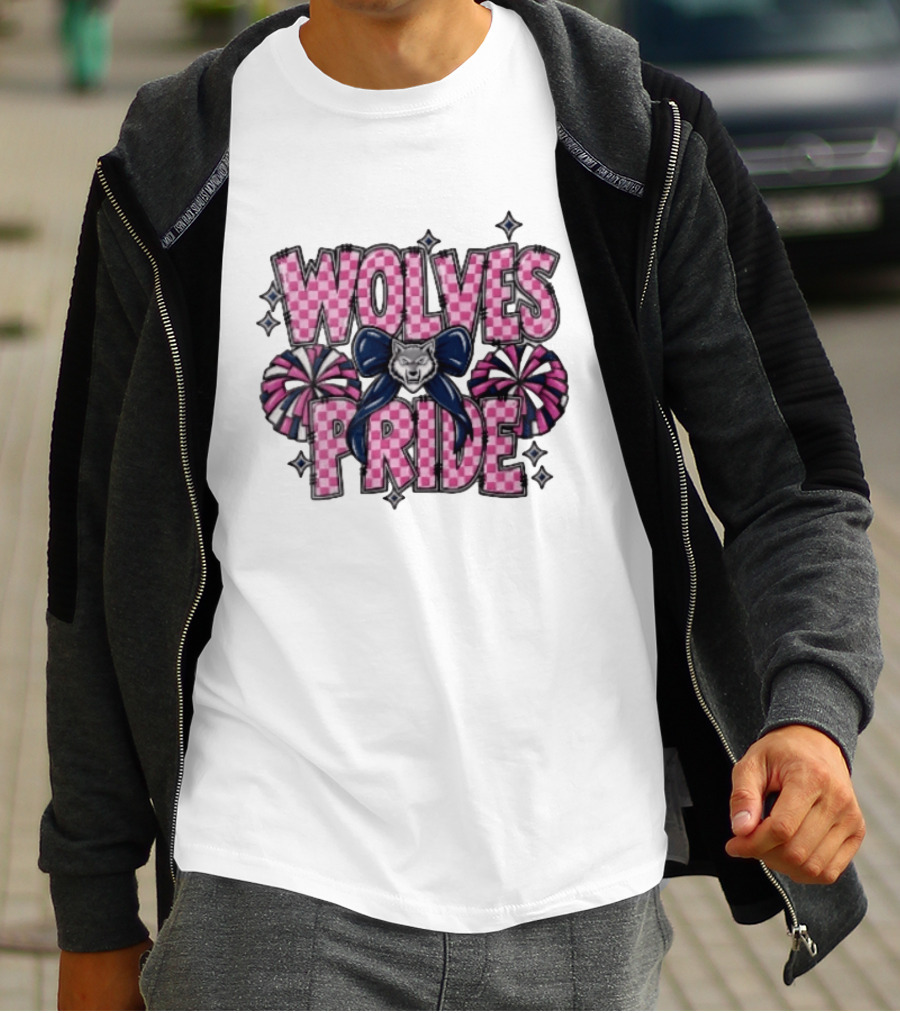 Wolves Pride Pink Checkered Cheerleading Pompoms And Wolf Bow T-Shirt