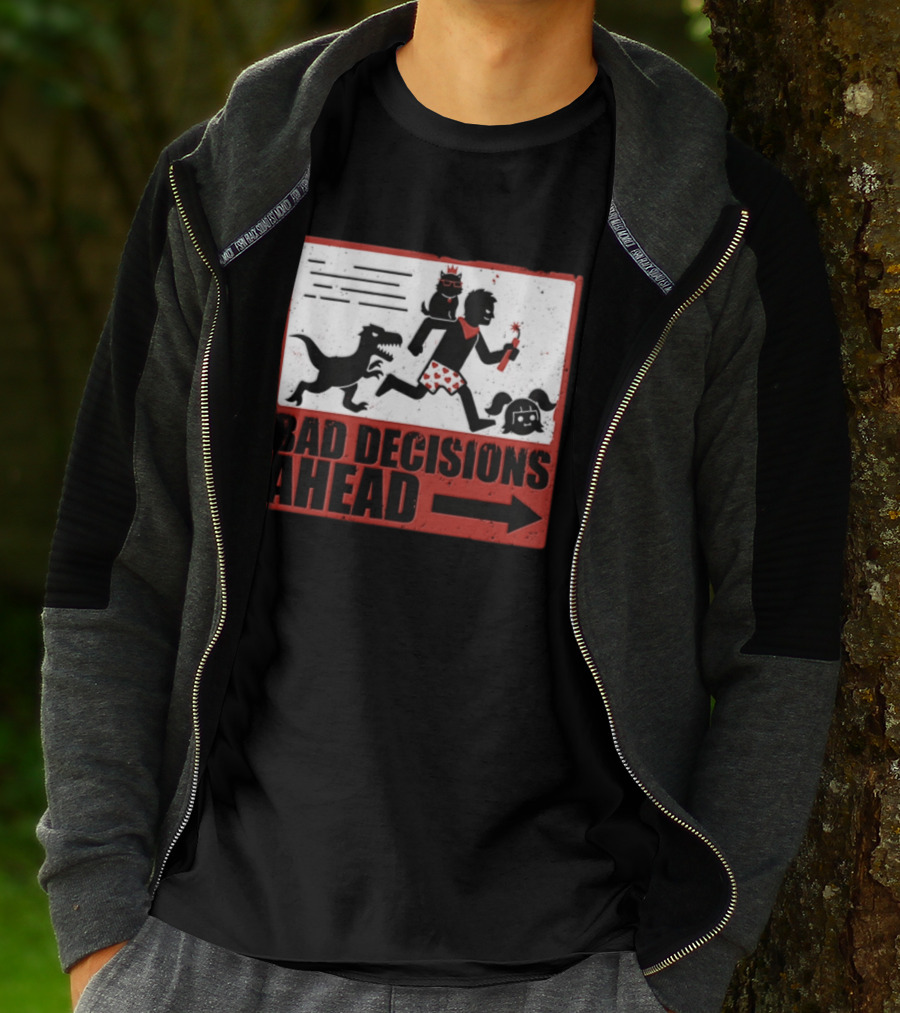 Bad Decisions Ahead Running From Dinosaur Distressed Humor T-Shirt
