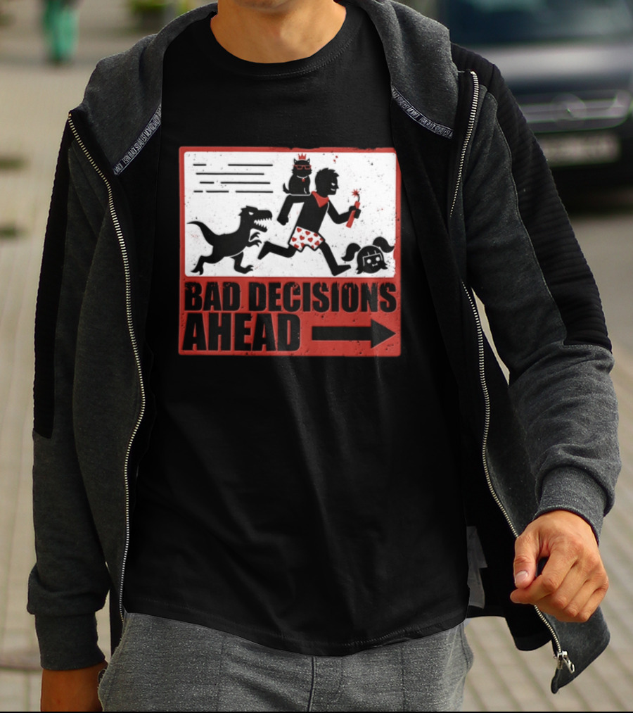 Bad Decisions Ahead Running From Dinosaur Distressed Humor T-Shirt