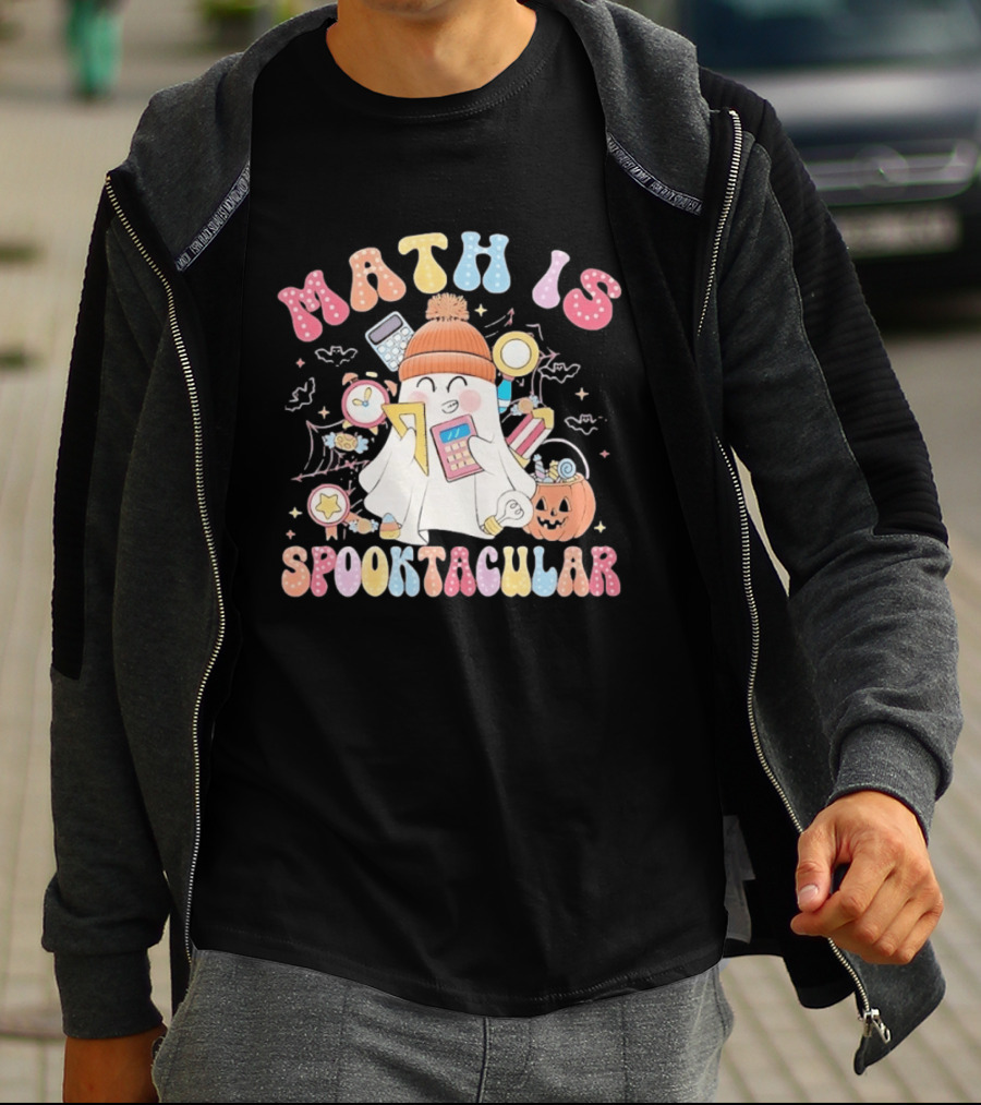 Math Is Spooktacular Ghost Halloween Teacher Kawaii Pumpkin Calculators T-Shirt