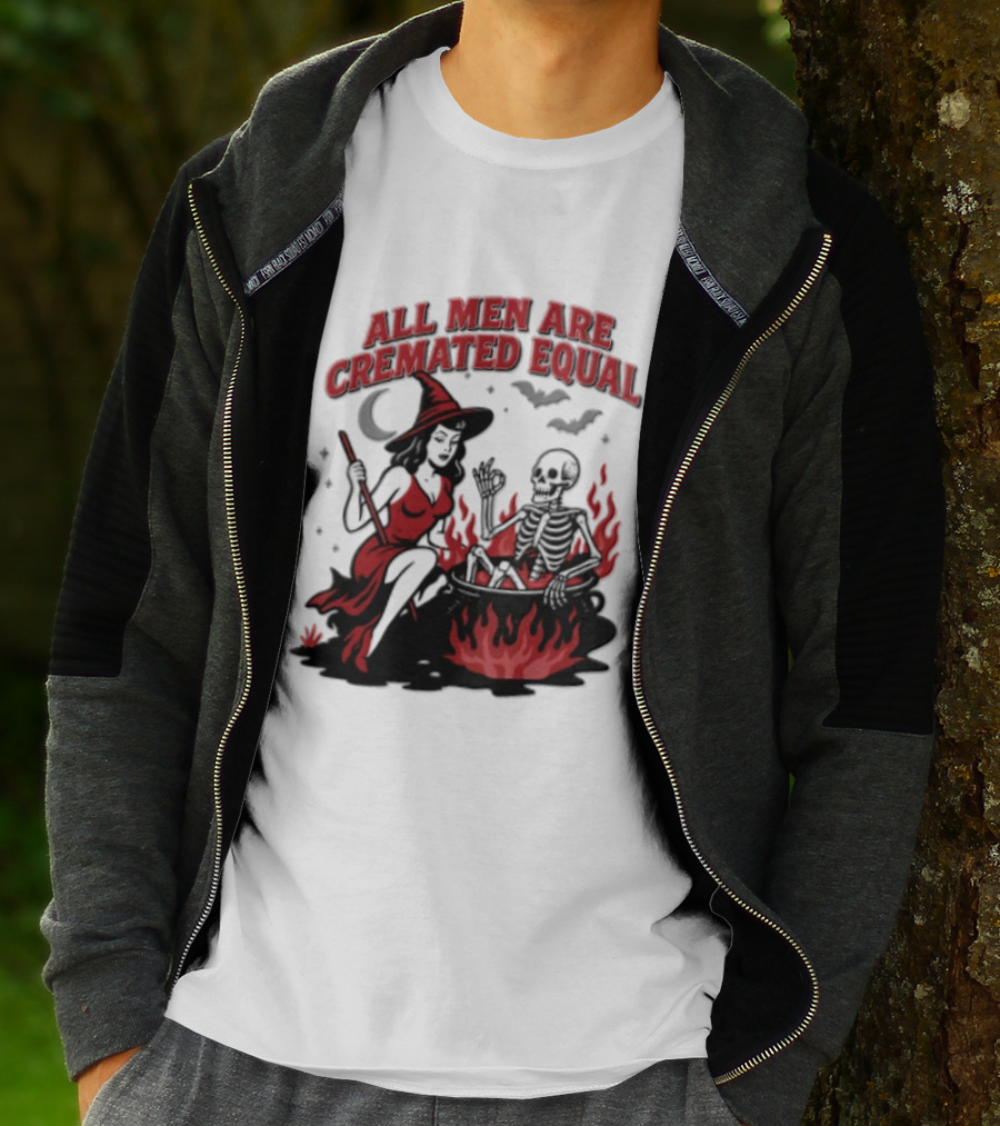 All Men Are Cremated Equal Witch Skeleton Cauldron Halloween T-Shirt