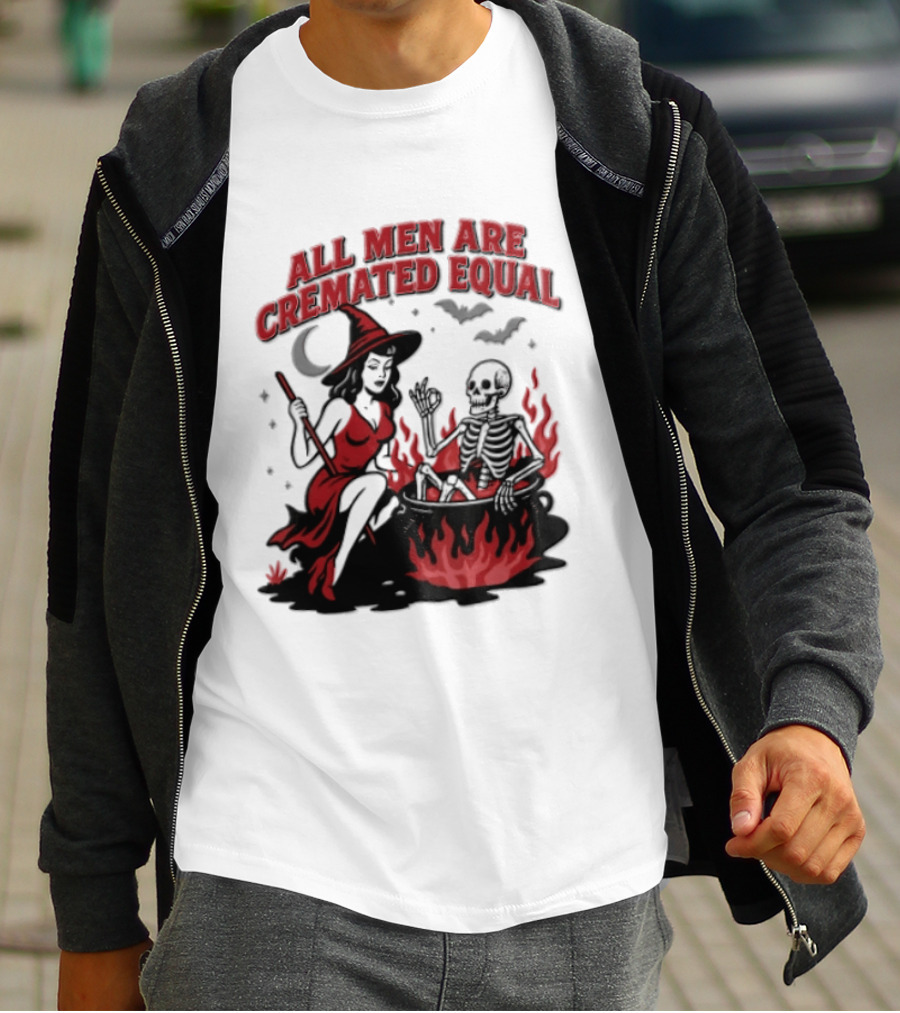 All Men Are Cremated Equal Witch Skeleton Cauldron Halloween T-Shirt
