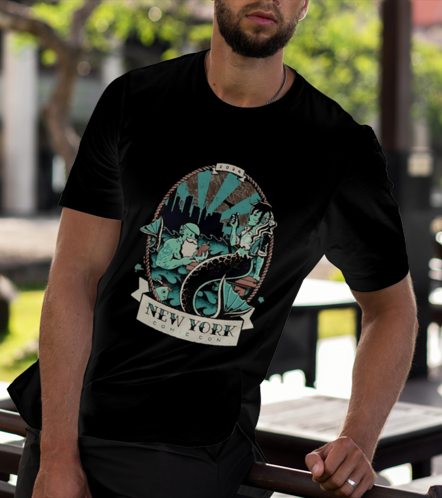 New York Comic Con 2026 Mermaid Merman City Skyline Ocean T-Shirt