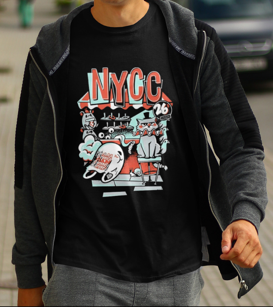 NYCC 26 Cent 1 Throw Carnival Cat Retro Style Comic Fairground Fun T-Shirt