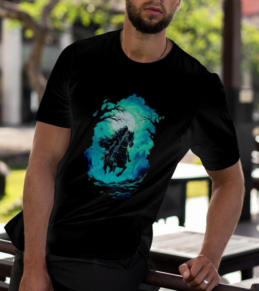 Headless Horseman Eerie Night Ride Through Spooky Forest T-Shirt