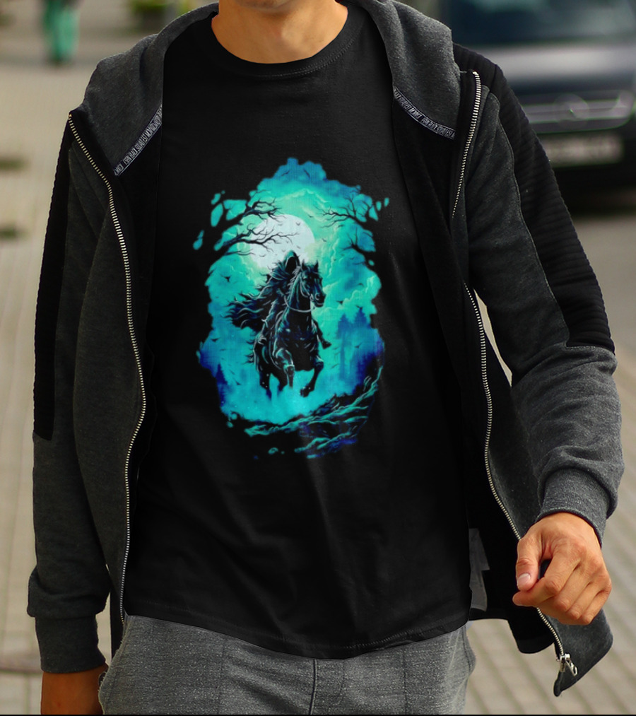 Headless Horseman Eerie Night Ride Through Spooky Forest T-Shirt