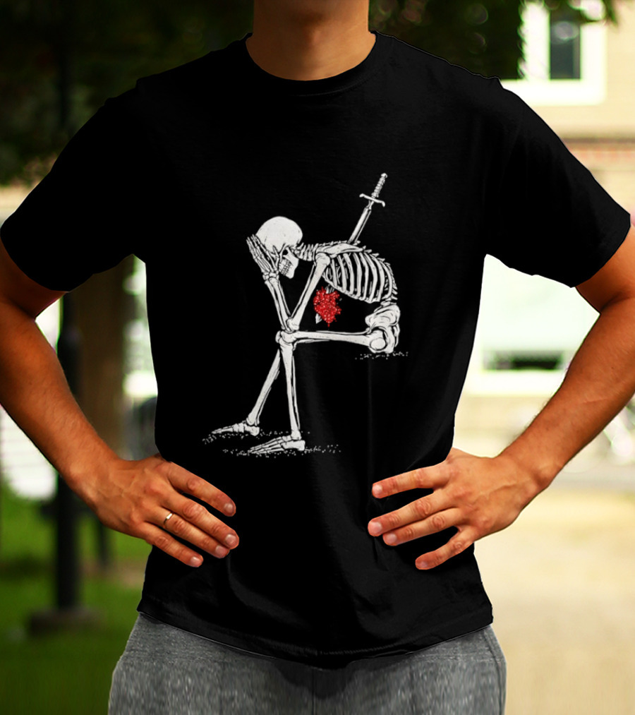 Sad Skeleton With Sword And Bleeding Heart Drawing T-Shirt