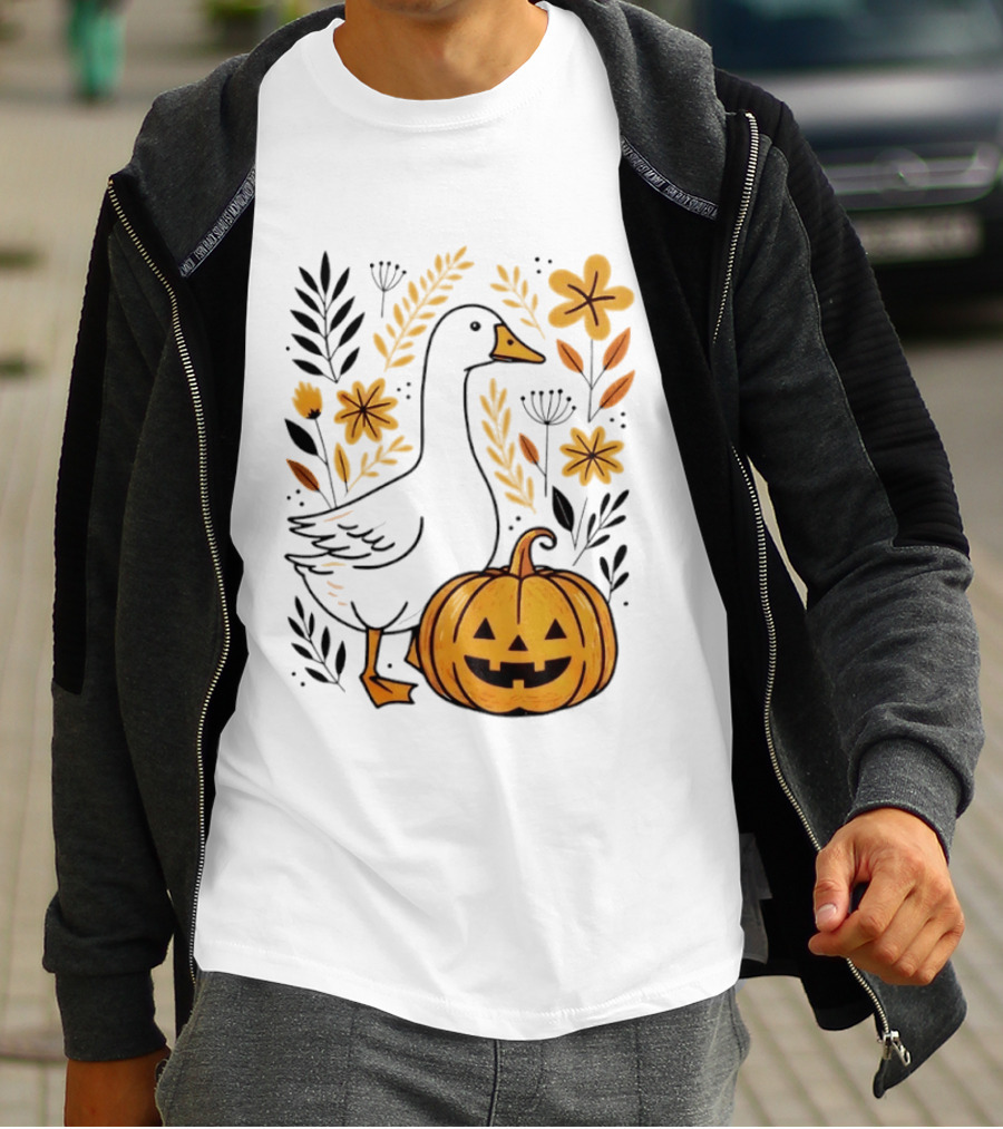 Pumpkin Jack O Lantern Goose Fall Farmhouse Floral Halloween T-Shirt