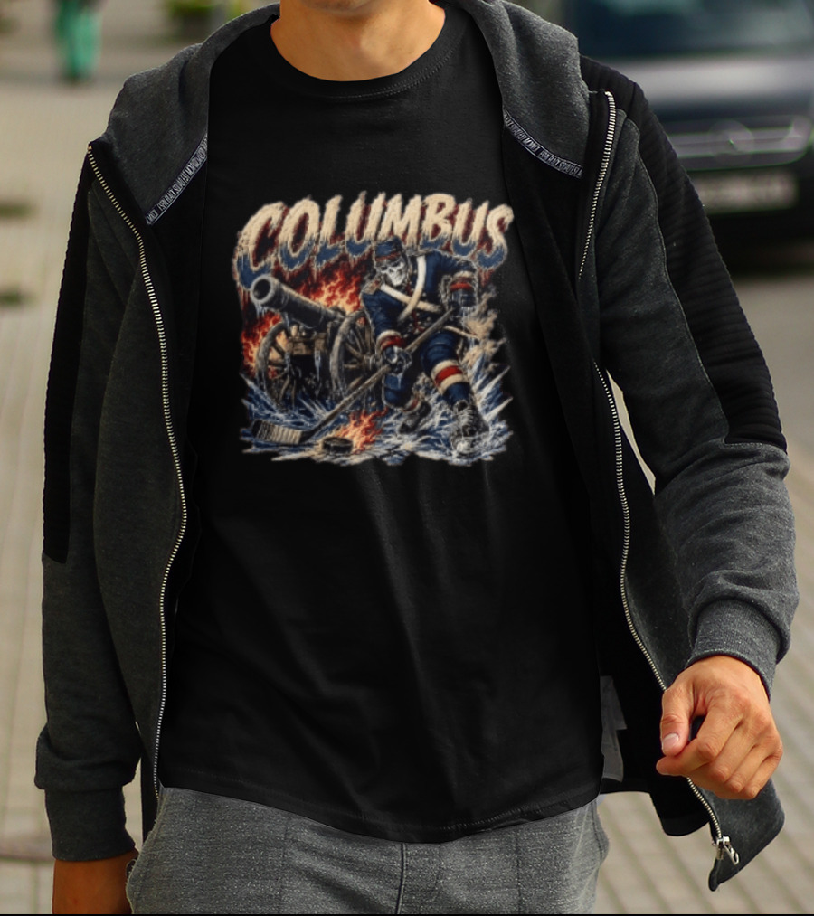 Columbus Blue Jackets Skeleton Hockey Player With Cannon And Ice T-Shirt