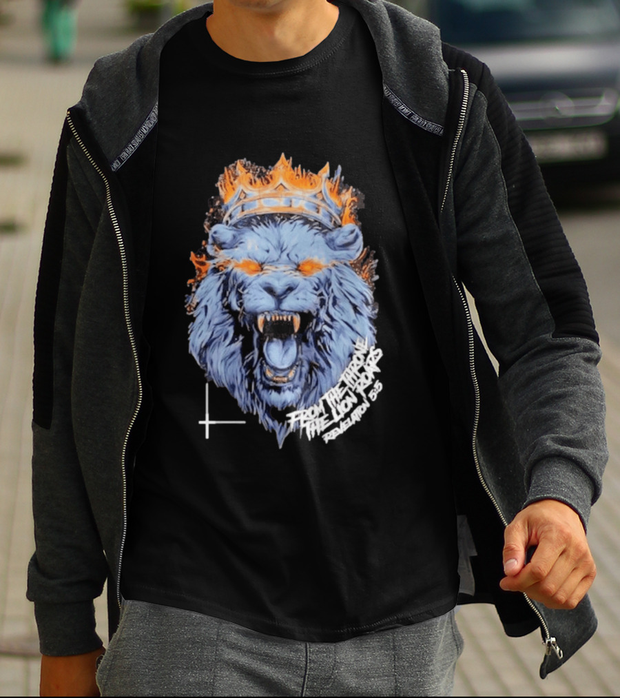 From The Throne The Lion Roars Revelation 5 5 Blue Flame Crown Lionhead T-Shirt