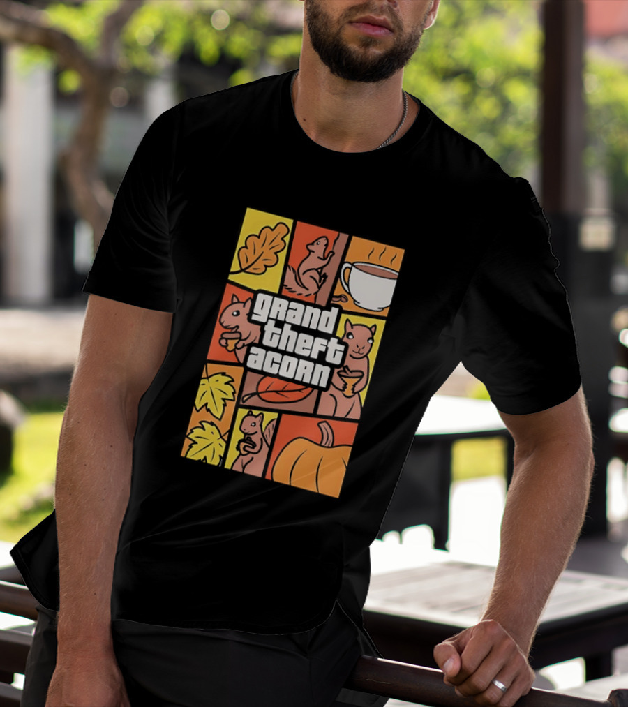 Grand Theft Acorn Autumn Squirrel Coffee Pumpkin Leaves T-Shirt