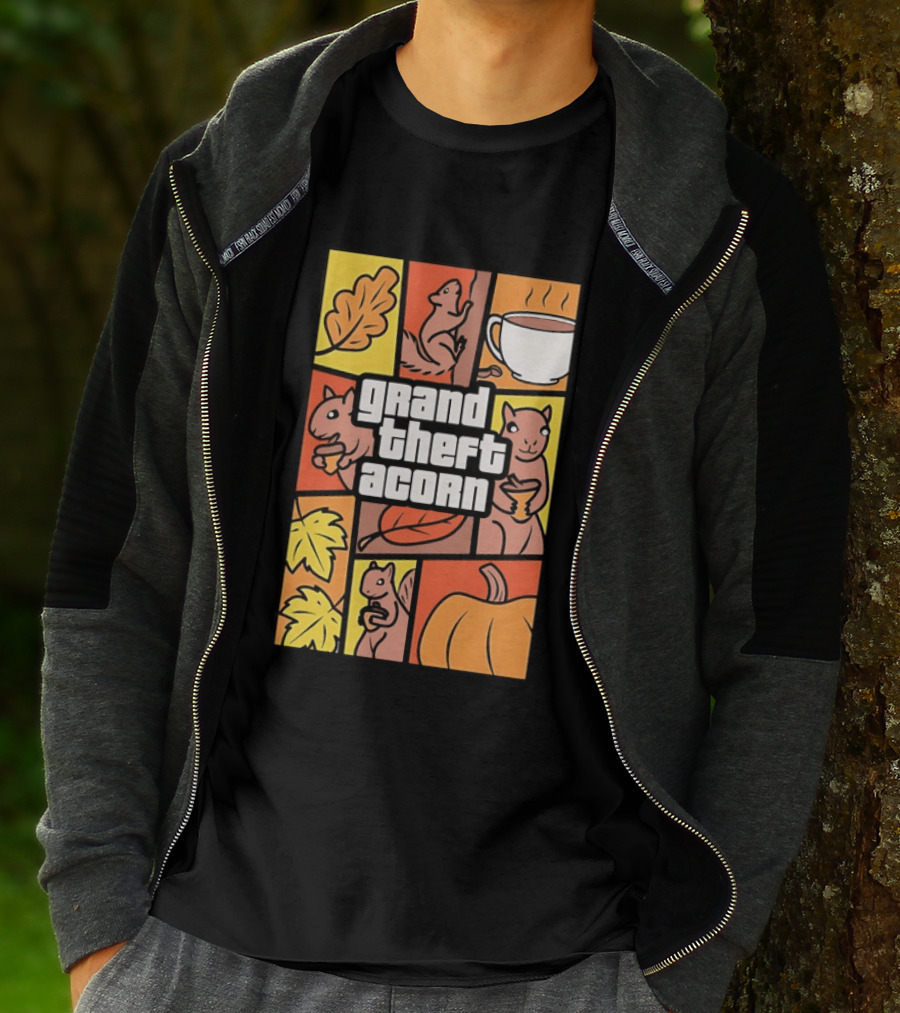 Grand Theft Acorn Autumn Squirrel Coffee Pumpkin Leaves T-Shirt