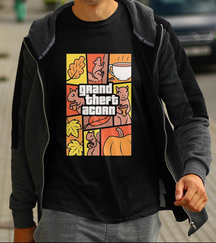 Grand Theft Acorn Autumn Squirrel Coffee Pumpkin Leaves T-Shirt