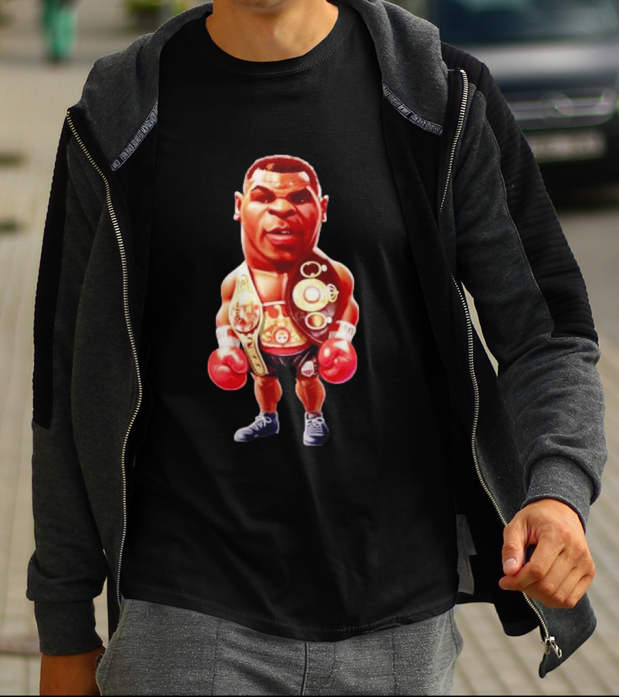 Mike Tyson Cartoon Boxing Champion With Championship Belts And Gloves T-Shirt