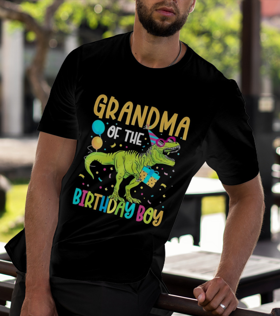 Grandma Of The Birthday Boy Dinosaur Party Balloons And Gift Celebration T-Shirt