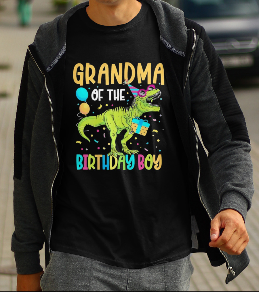 Grandma Of The Birthday Boy Dinosaur Party Balloons And Gift Celebration T-Shirt