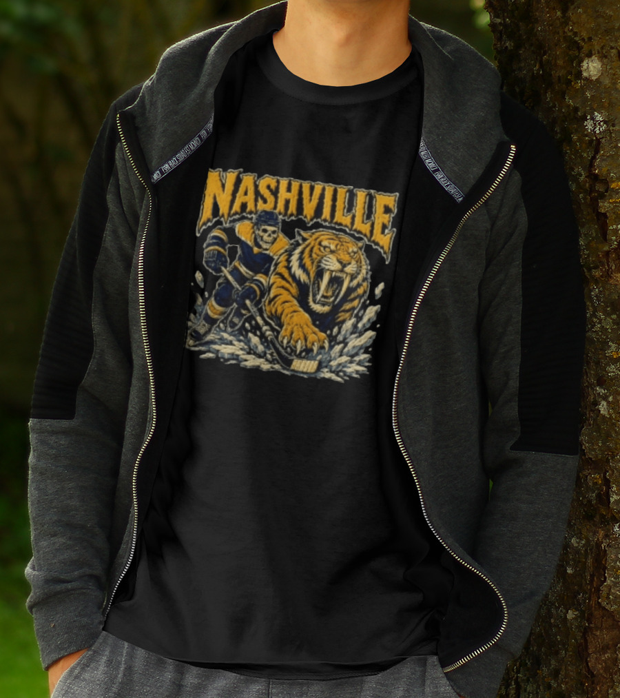 Nashville Hockey Skeleton Player With Fierce Tiger T-Shirt