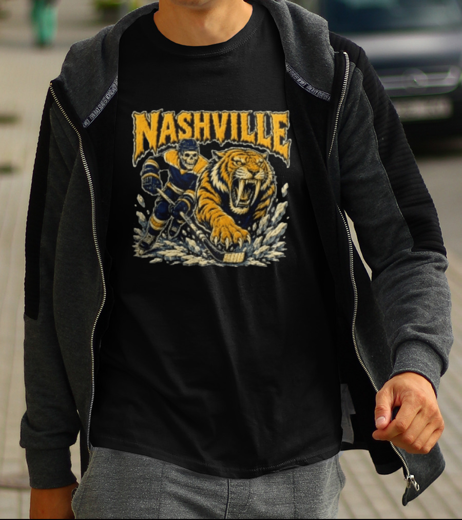 Nashville Hockey Skeleton Player With Fierce Tiger T-Shirt