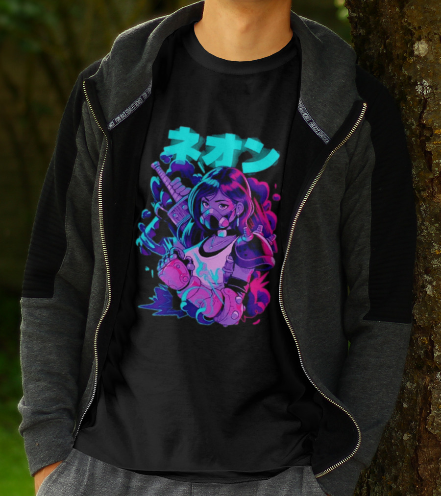 Neon Cyberpunk Anime Warrior Girl Futuristic Vaporwave Aesthetic T-Shirt